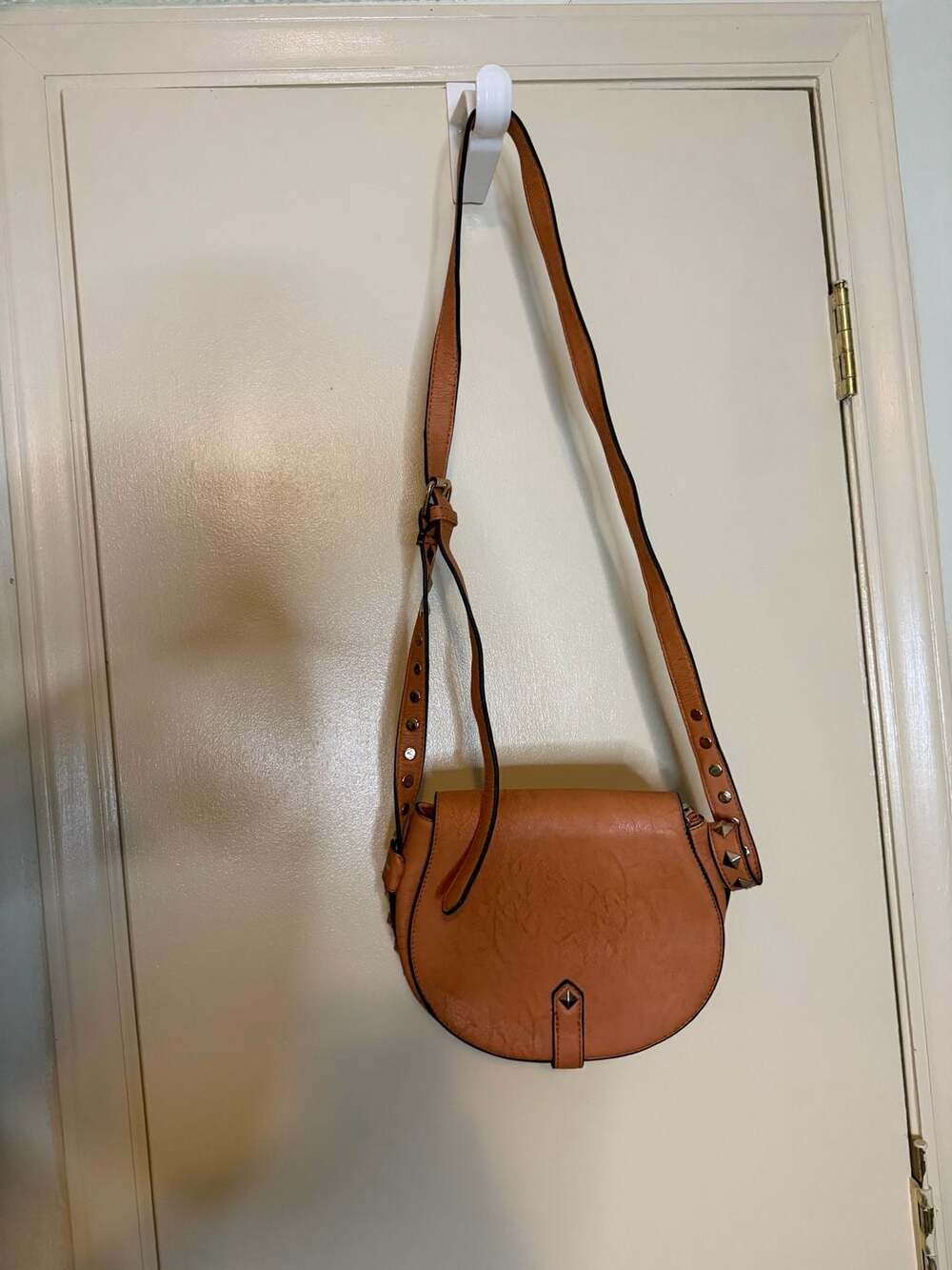 Tan Saddle Crossbody Bag Studded Strap Faux Leather Boho Handbag